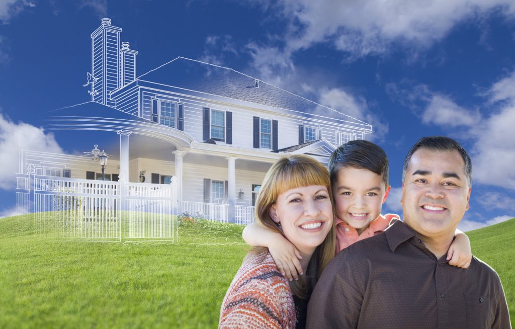 family with a house image in the background